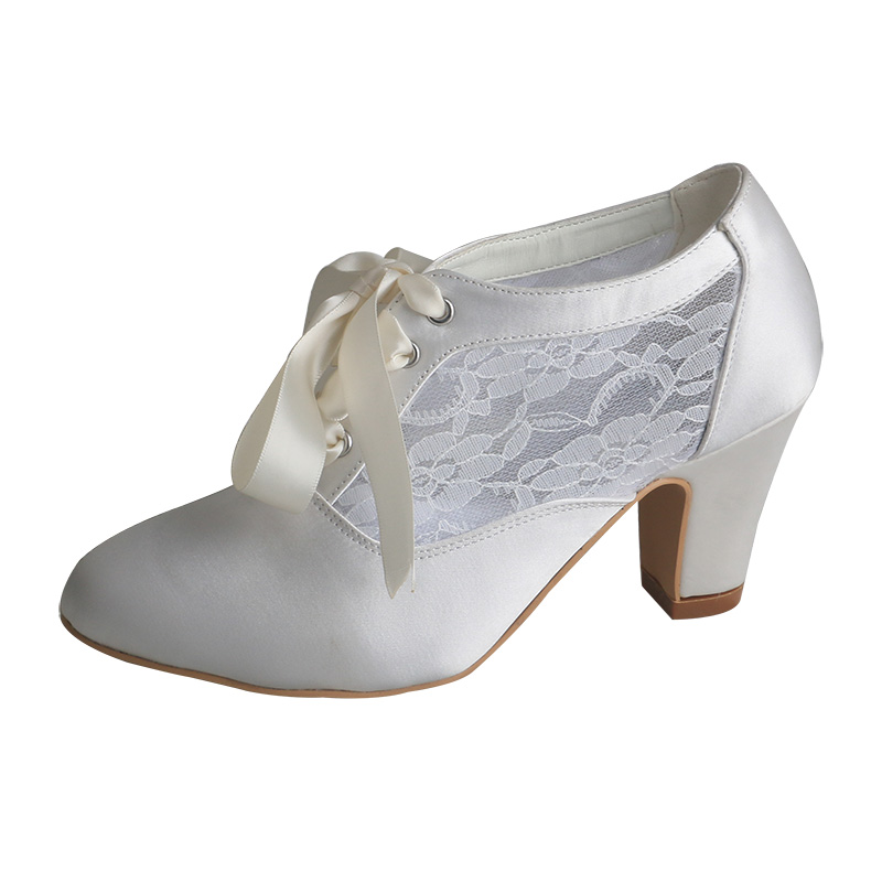 Ribbon Tie Heel - Aangepaste blokhakken bruidsschoenen laarzen ivoor satijn