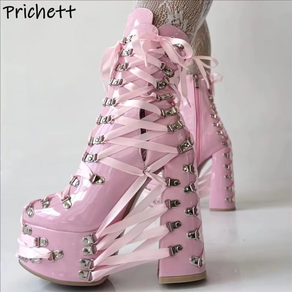 Ribbon Tie Heel - Zwart Roze Kruisgebonden Enkellaarsjes Lint Metalen