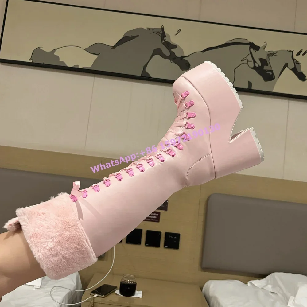 Ribbon Tie Heel - Roze harige laarzen met dikke zool,